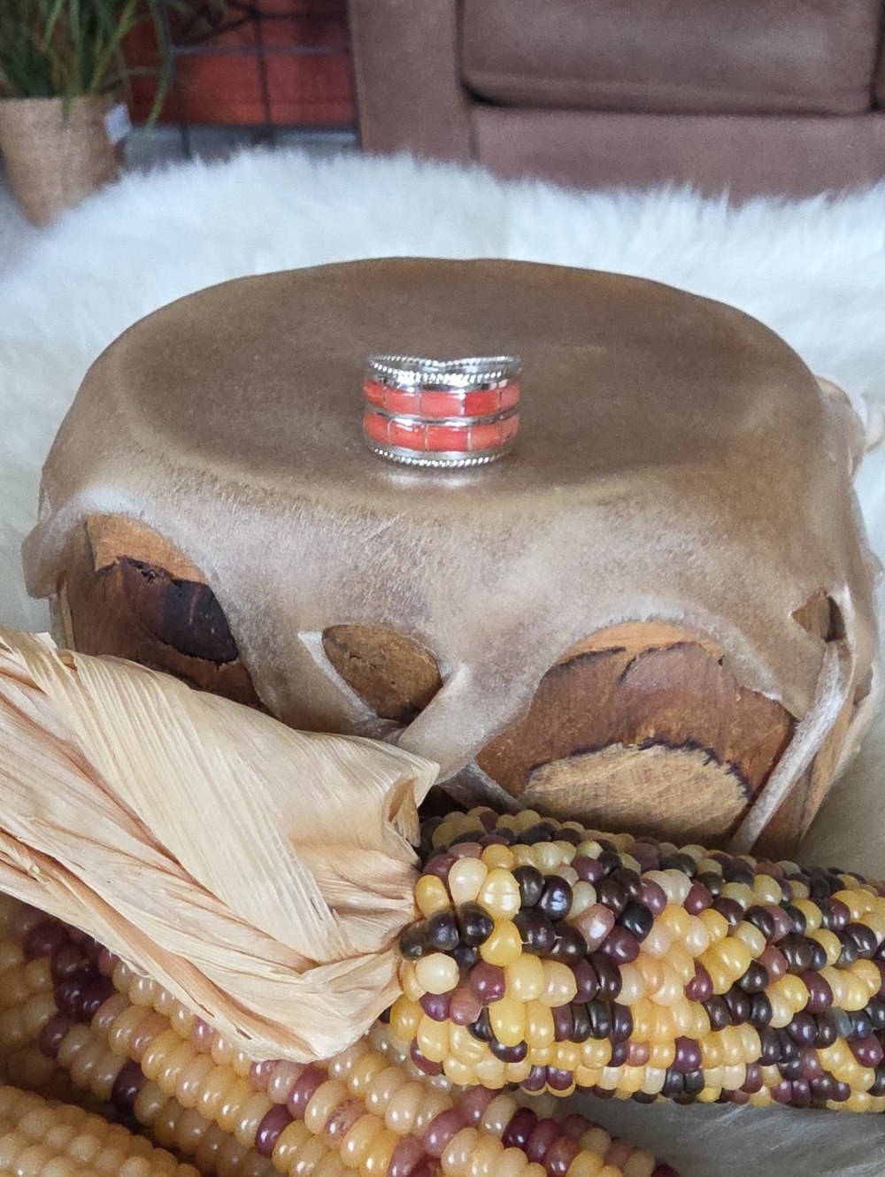 Beautiful NWOT Native American Navajo Coral & Sterling Inlaid Ring ❤️🎁🩶